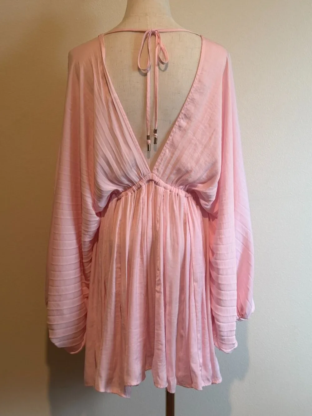 Free People Pink Boho Pleated Long Sleeve Mini Slip Dress S - Picture 6 of 8